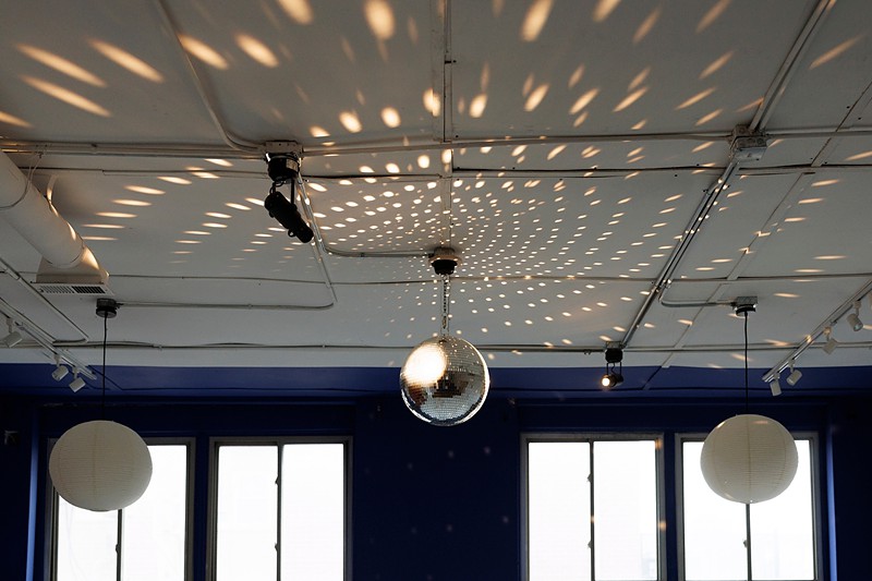 blue disco room with rotating disco ball at a chicago party venue