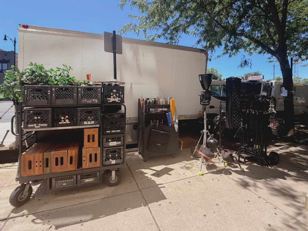 film production equipment is in front of le loft, a production rental studio in wicker park chicago